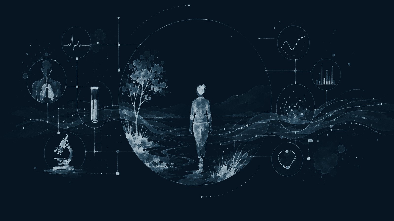 Ink drawing: a figure walking a path within a circle, surrounded by instrument vignettes and a flowing stream
